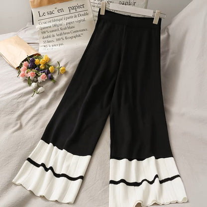 Fashion suit for women, new style, contrasting color splicing, single-breasted long-sleeved knitted sweater, high-waisted wide-leg pants for autumn