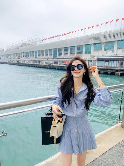 Fish Rabbit's Rabbit Shirt Dress 2023 new women's striped short-sleeved slim waist temperament a-line skirt