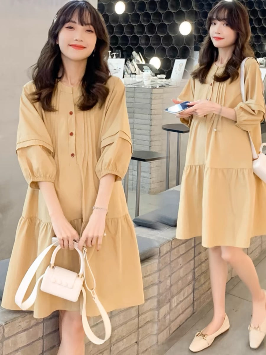 2024 Spring New Maternity Three-quarter Sleeve Dress Fashionable Mid-Length Korean Style A-Line Skirt Trendy Mom Shirt Skirt D790