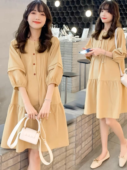 2024 Spring New Maternity Three-quarter Sleeve Dress Fashionable Mid-Length Korean Style A-Line Skirt Trendy Mom Shirt Skirt D790