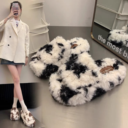 Fairy style cow color furry shoes for women's outer wear 2023 autumn and winter new fashion versatile home warm one-word cotton shoes (S0714)
