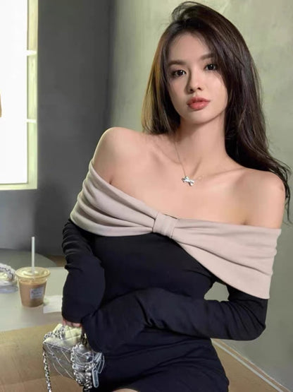 Hot and sexy design, contrasting bow strapless dress, sexy slim fit, hip-hugging, one-shoulder little black dress for autumn A2285