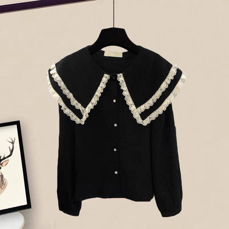 Autumn small dress navy collar pants flared casual pants college style suit 2023 new women's autumn two-piece set