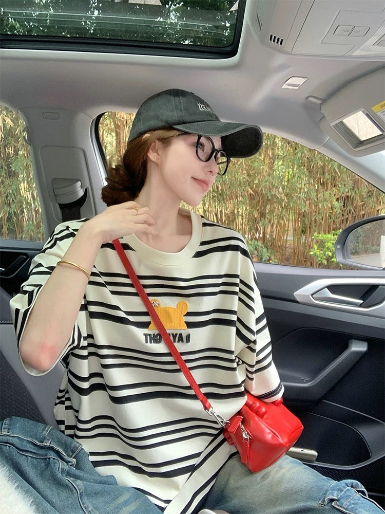 Striped short-sleeved T-shirt for women 2025 new summer American bear embroidery design loose trendy half-sleeved top