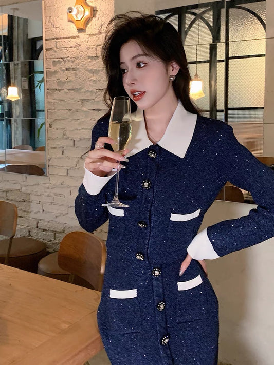Very heavy duty ~ French style small fragrance contrasting sequined knitted jacket skirt suit women's new autumn and winter 2023 clothing S190