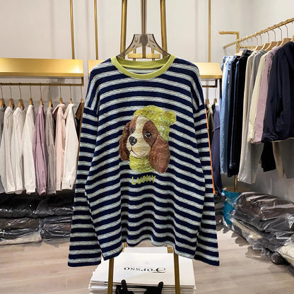 [Real-life shot from Xiao Ai's stall] Striped long-sleeve top featuring a puppy motif—American retro, loose, casual, and laid-back style with contrasting color stripes.