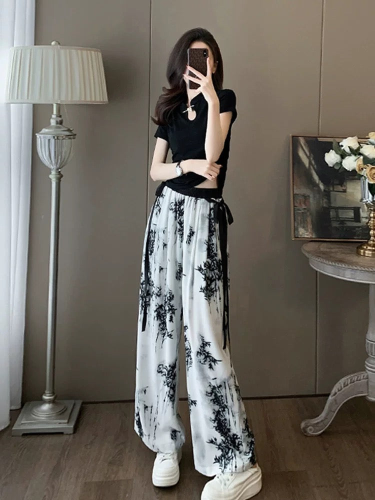 Short-sleeved sports casual suit for women, summer fashion, age-reducing internet celebrity, street style, chiffon wide-leg pants, two-piece set, western style