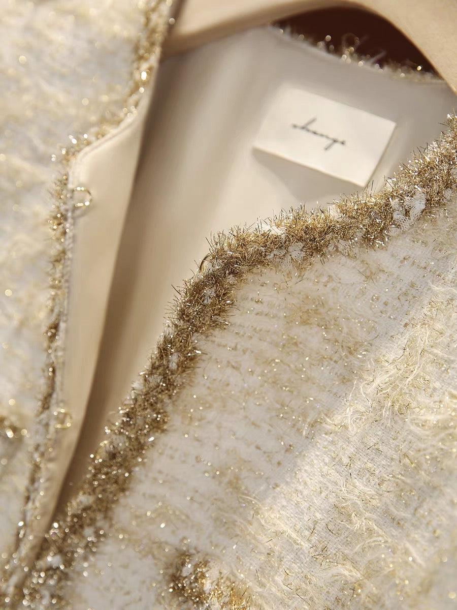 [WTF663526AG] Xiaohan Yunwu Silver Onion Heavy Industry Beige Gold Thread Ribbon Decorated Elegant Xiaoxiang Jacket