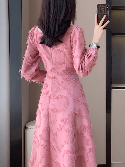 Autumn new style first love, sweet temperament, gentle girly style, fringed fairy skirt, long skirt, niche slim dress