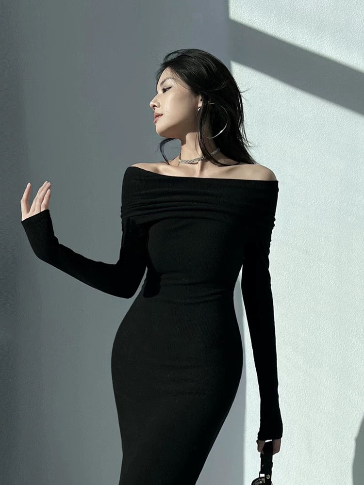 Spring, Autumn, and Winter French Queen's Tubeless One-shoulder Dress with Straps, Off-the-shoulder, Tight Fishtail, Slim-fitting Hip Skirt