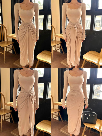 HELEN/Multiple ways to wear/Love-shaped collar autumn and winter dress women's waist and abdomen strap double-sided brushed temperament slim skirt (D2521)