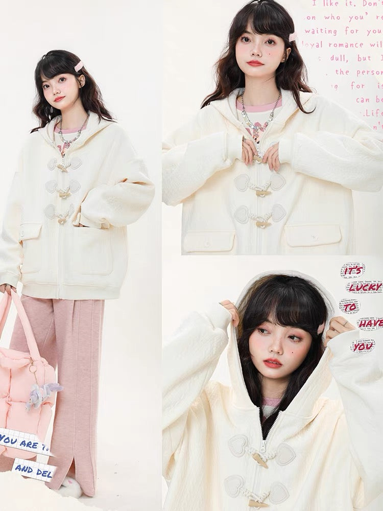 Big sim small sim horn button hooded sweatshirt jacket women's autumn new sweet loose design zipper top V1160