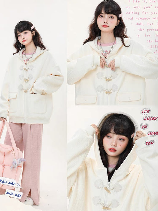 Big sim small sim horn button hooded sweatshirt jacket women's autumn new sweet loose design zipper top V1160