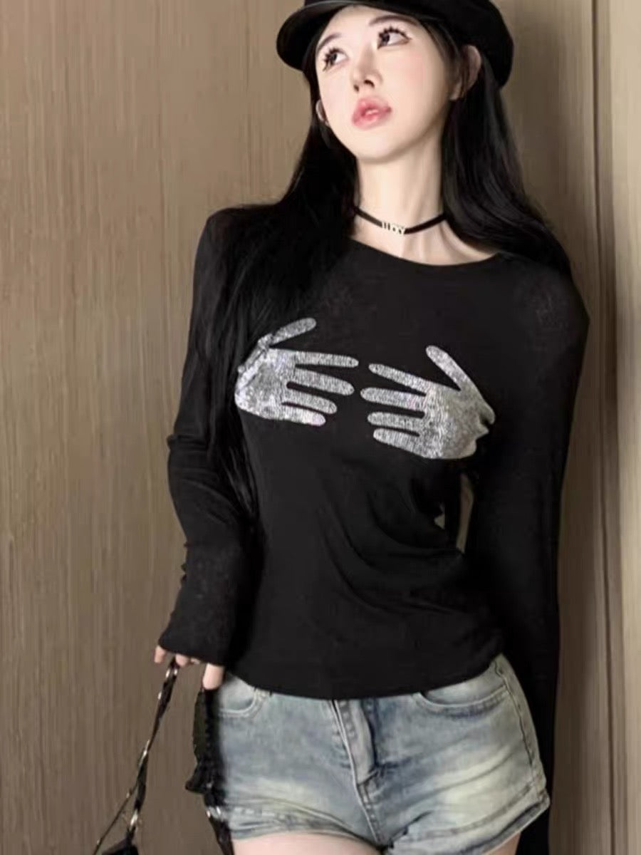 European and American long-sleeved T-shirts for women, autumn wear, temperament, heavy industry, hot diamonds, slimming, slightly see-through, short hot girl tops, black bottoming shirts