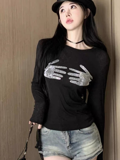 European and American long-sleeved T-shirts for women, autumn wear, temperament, heavy industry, hot diamonds, slimming, slightly see-through, short hot girl tops, black bottoming shirts