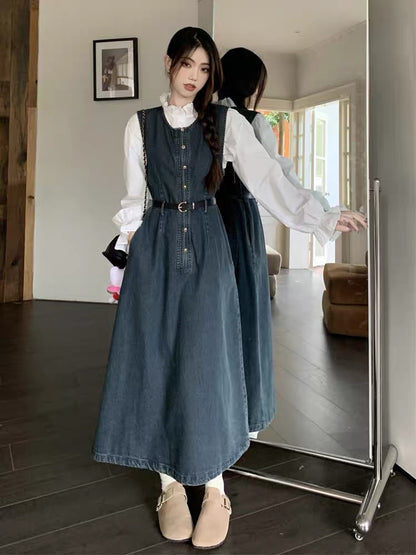 Early autumn new temperament retro denim dress suit women's suspender long skirt stand collar white shirt two-piece set (S0971)