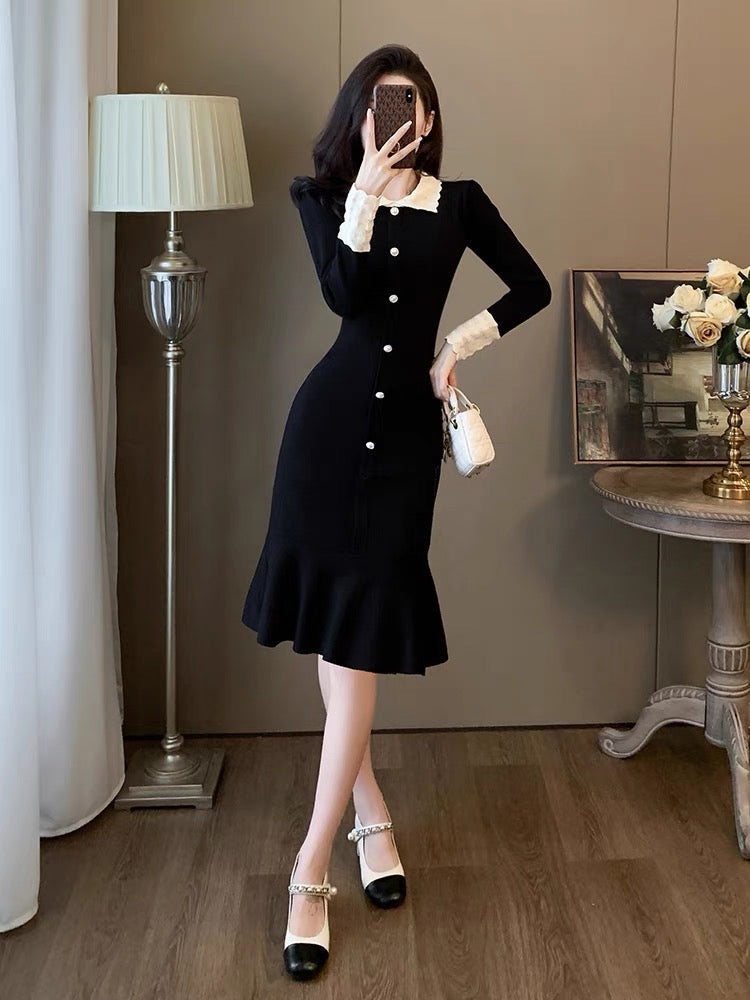 Celebrity Xiaoxiangfeng Knitted Dress 2023 New Elegant Temperament Showing Figure-Breaking Hip Skirt Slim Hem D5590