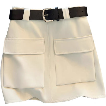 Double-pocket personalized tooling skirt female 2023 summer small tall waist slim a bag hip skirt with belt