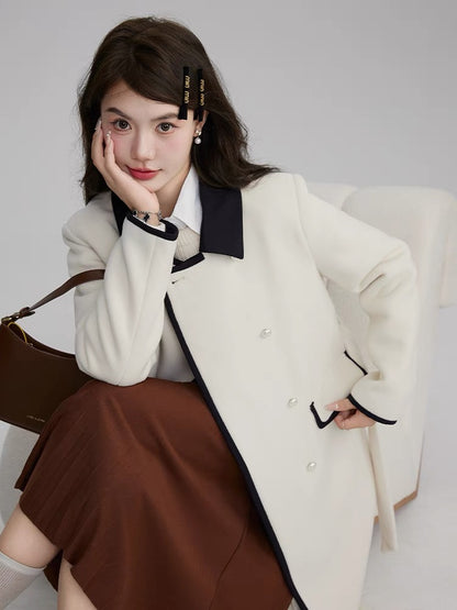 Volstagg white woolen coat for women autumn and winter Korean waist style high-end mid-length woolen coat