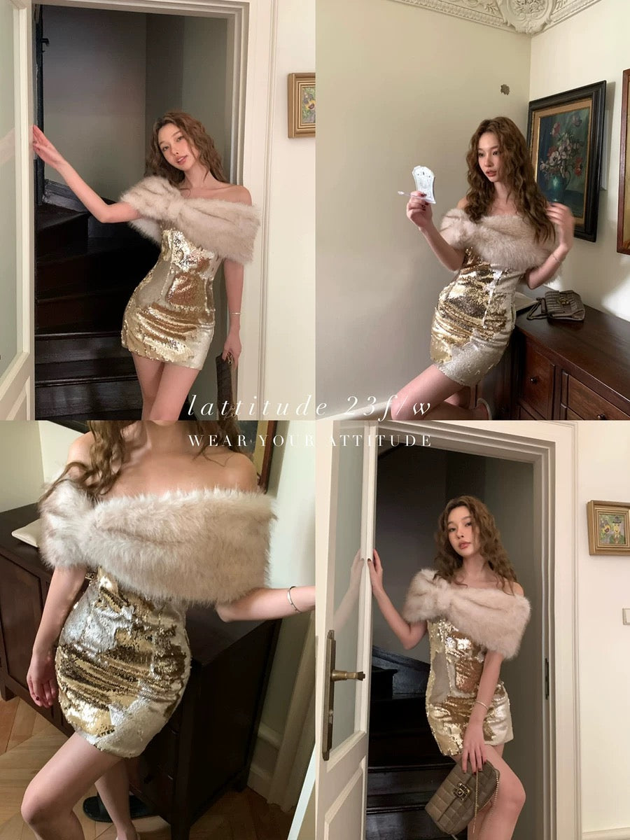 LATTITUDE/Yang Xiaolu birthday dress off-shoulder eco-friendly fur collar removable tube top color-changing sequin dress