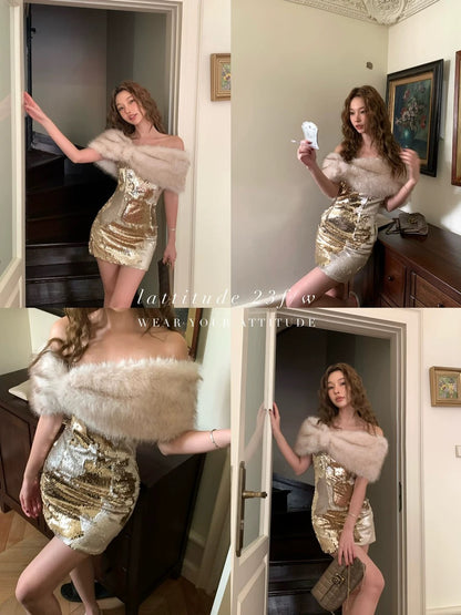 LATTITUDE/Yang Xiaolu birthday dress off-shoulder eco-friendly fur collar removable tube top color-changing sequin dress