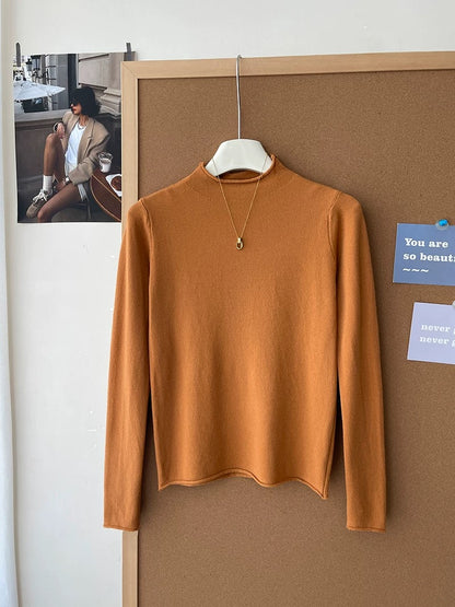 Retro soft and sticky cashmere rolled-edge turtleneck knit sweater for women, autumn and winter, gentle and versatile layering base layer top.