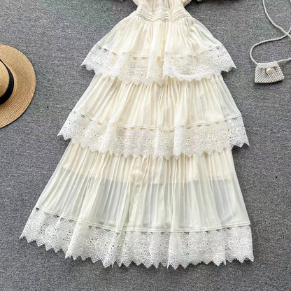 French Puff Sleeve Lace Spliced Pleated Cake Dress Women's Summer Waist Slimming Super Fairy First Love Dress (D0986)