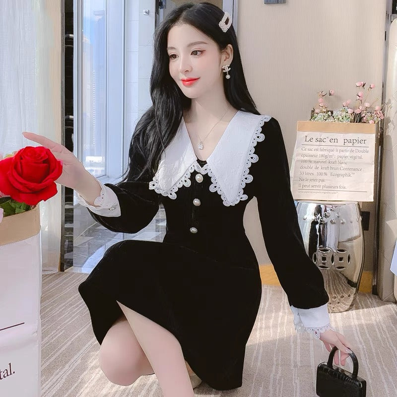 French lady doll collar pink dress for women autumn and winter 2023 new style high-end temperament chic petite dress