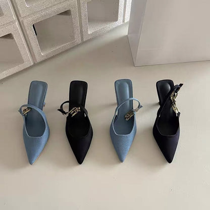 Heartbeat at a glance~!  Pointed Chain Metal Denim Baotou High Heels Fashion Temperament Air Back Sandals Female Autumn