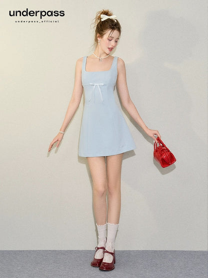 Underpass original design pure desire style bow square collar slim fit versatile slimming A-line suspender dress for women
