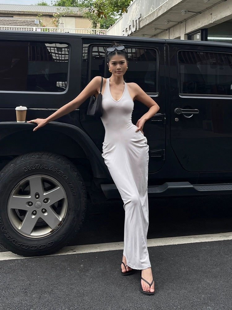 Jingye Hot Girl V-neck halter sleeveless dress female summer new high waist slim fit pleated temperament hip skirt