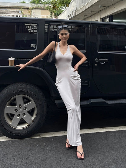 Jingye Hot Girl V-neck halter sleeveless dress female summer new high waist slim fit pleated temperament hip skirt