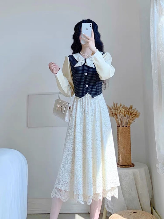Autumn clothing 2023 new women's skirt French light mature style light luxury waist slimming long-sleeved lace dress