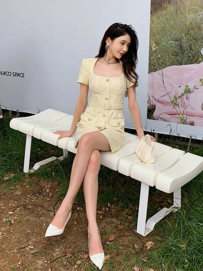 Internet celebrity popular rich daughter lemon yellow short-sleeved small fragrant dress women's summer new slim short skirt (D167)