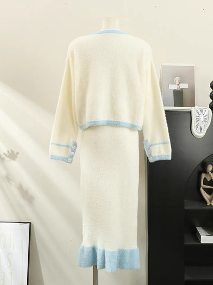 Atmospheric wear 2023 autumn and winter new warm and soft waxy white cardigan sweater fishtail skirt two-piece set for women