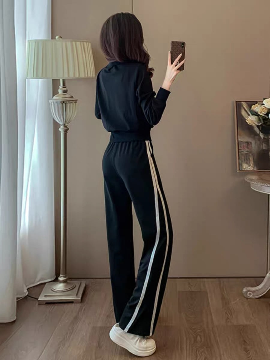 Autumn and winter high-end black sweet and cool striped short jacket slimming straight pants two-piece fashion suit (V6615)
