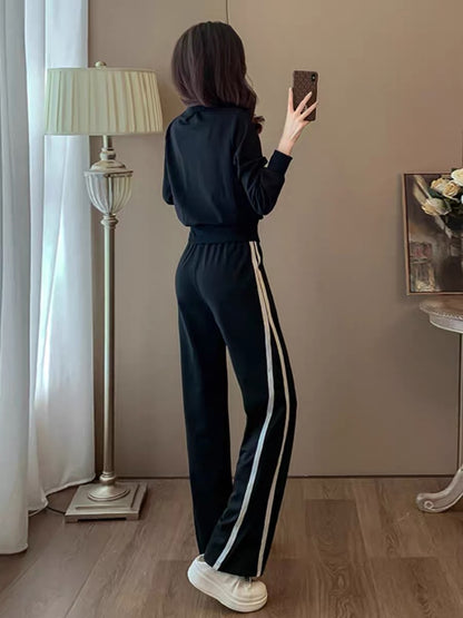Autumn and winter high-end black sweet and cool striped short jacket slimming straight pants two-piece fashion suit (V6615)