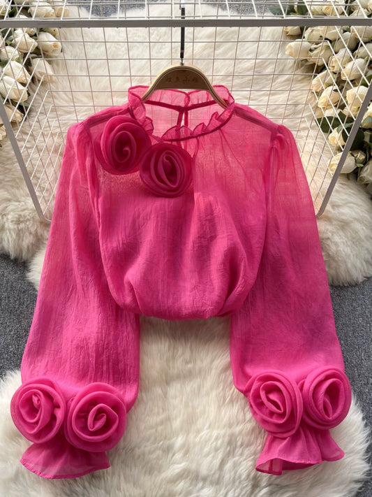French shirt women's design niche three-dimensional floral puff sleeves age-reducing versatile solid color chiffon shirt women's long-sleeved top
