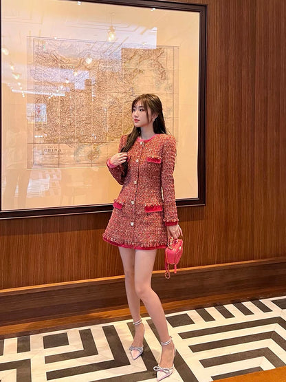 Ningfu Xinxin original design peach pink sweetheart small fragrant tweed velvet waist slimming dress D372