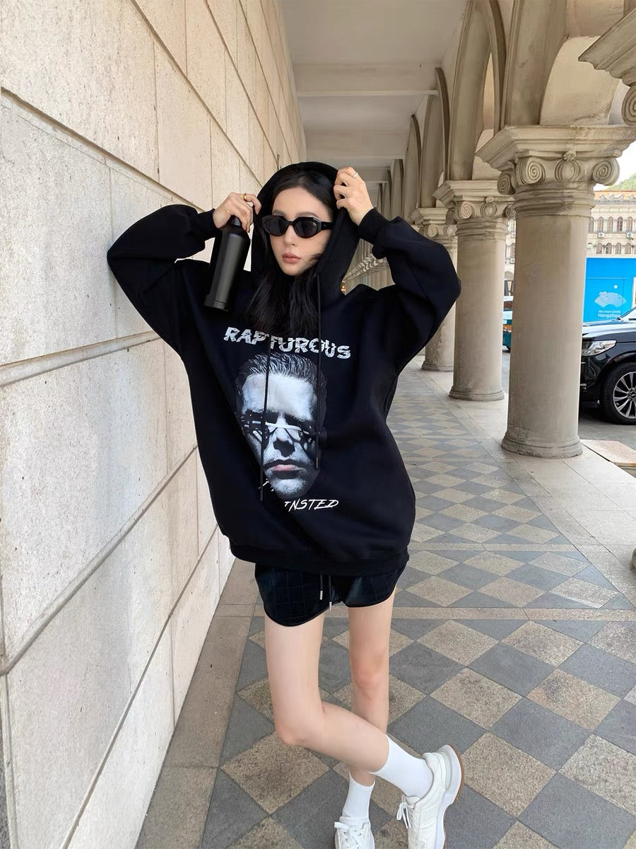 Zhou Miao ZHOUMIAO 100 cotton plus velvet hooded sweatshirt for women autumn and winter digital printing loose off-shoulder long-sleeved top (T9235)