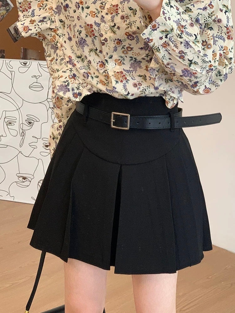 RENA with belt college style sweet and cool girly gray high waist cover hips slim A-line suit pleated skirt