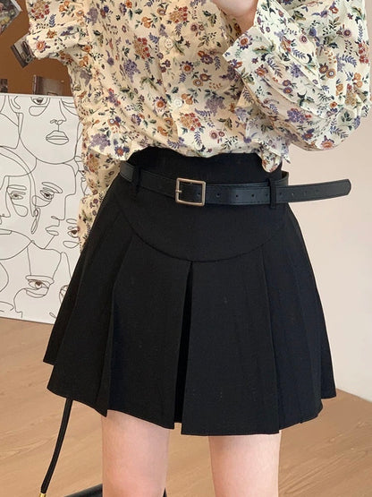 RENA with belt college style sweet and cool girly gray high waist cover hips slim A-line suit pleated skirt