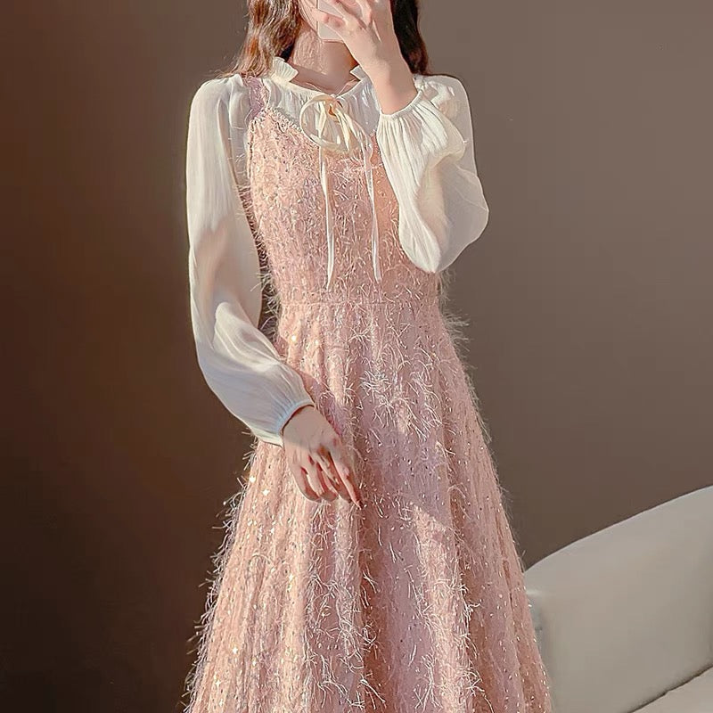 New autumn clothing, sweet temperament, first love style fairy skirt, light luxury mini dress, two-piece sequin tassel dress for women