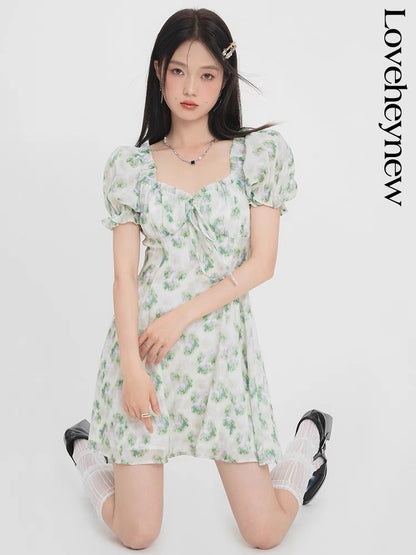 LOVEHEYNEW heavy fabric floral dress women's summer 2023 new design puff sleeve short skirt D810