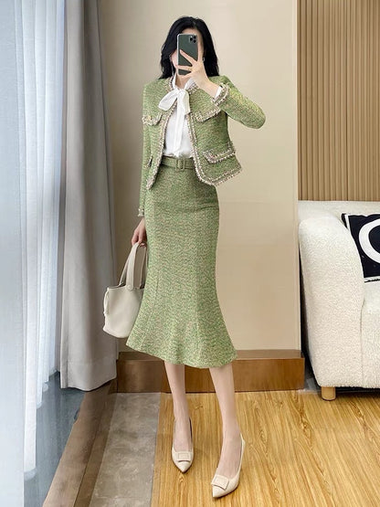Xiaoxiang style powerful women's clothing suit celebrity temperament fashion high-end sense mid-length fishtail bag hip two-piece set