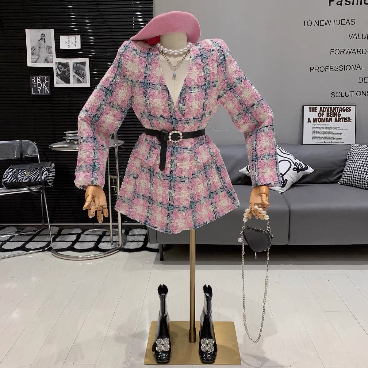 Gentle style ladylike high-end exquisite pink plaid woven small fragrance French V-neck loose long-sleeved jacket T7970