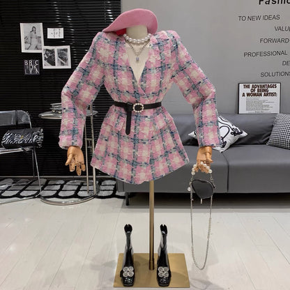 Gentle style ladylike high-end exquisite pink plaid woven small fragrance French V-neck loose long-sleeved jacket T7970