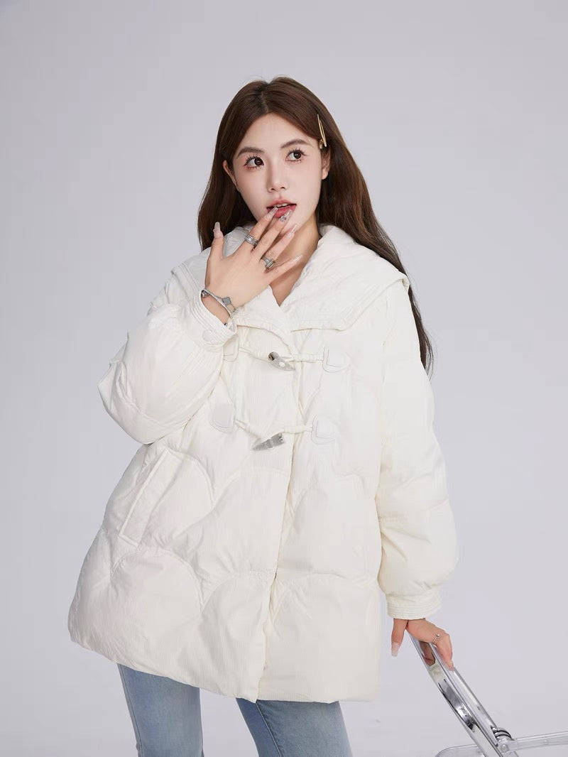 Volstagg white down jacket women's 2023 new winter horn button large lapel short white duck down thick coat