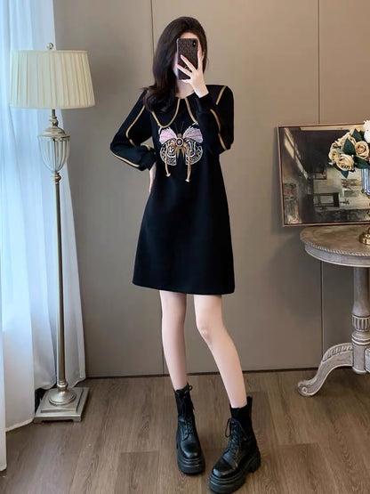 New autumn and winter fashionable temperament black dress women's Korean style loose doll collar slim long-sleeved age-reducing sweatshirt dress