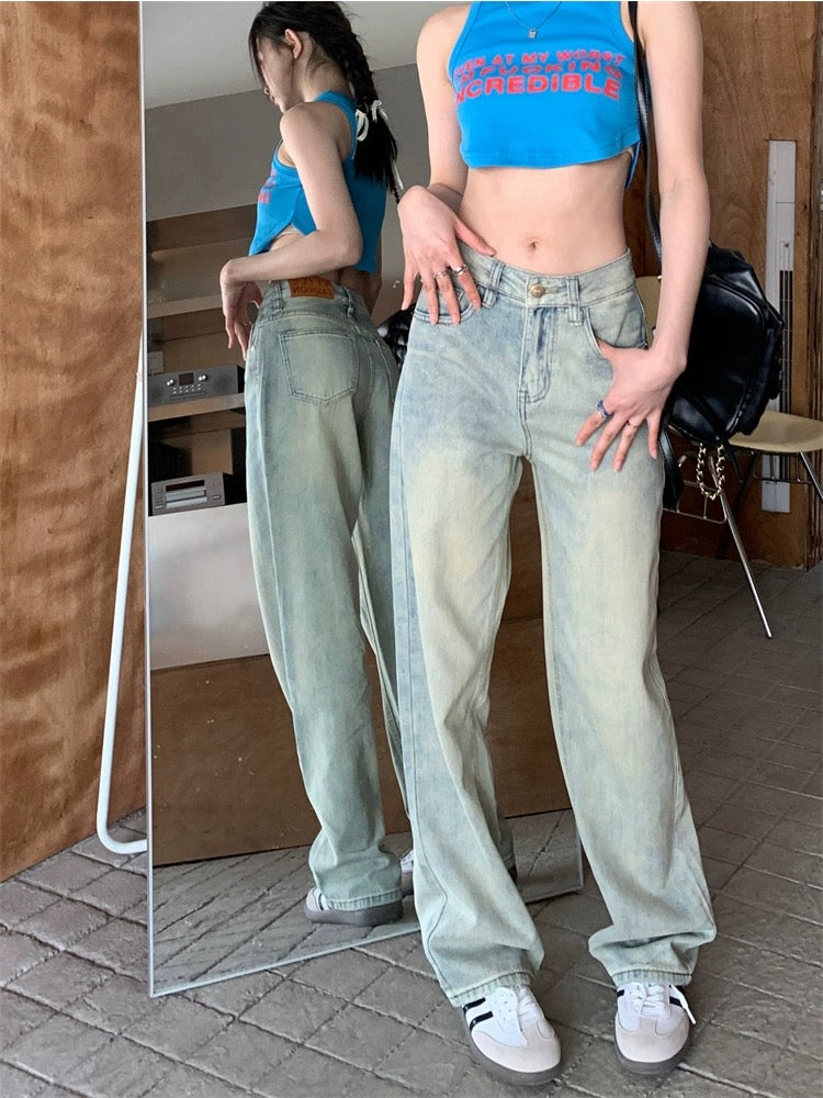 Light blue jeans, high-waisted floor-length pants for women, summer American retro loose wide-leg pants, straight-leg pants, drapey pants